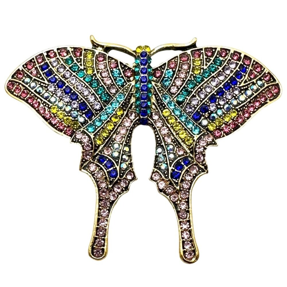 Womens Butterfly Brooch Pin Multicolor Crystal Gold Tone Statement Vintage Style